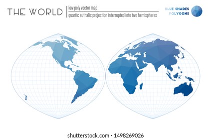 Low poly design of the world in quartic authalic projection, interrupted into two hemispheres. Blue-shaded polygons in a vector illustration style.