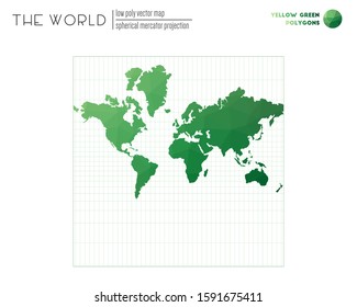 Low poly design of the world. Spherical Mercator projection of the world. Yellow Green colored polygons. Neat vector illustration.