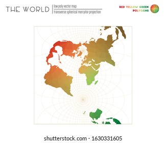 Low poly design of the world. Transverse spherical Mercator projection of the world. Red Yellow Green colored polygons. Beautiful vector illustration.