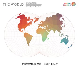 Low poly design of the world using the Van der Grinten IV projection. Spectral colored polygons in a modern vector illustration style.