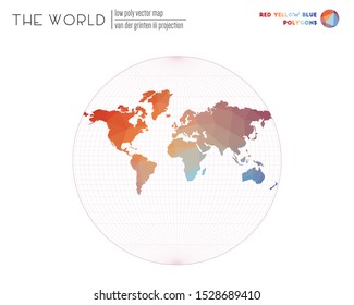 Low poly design of the world. Van der Grinten III projection of the world. Red, Yellow, Blue colored polygons. Trending vector illustration.