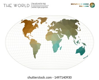 Low poly design of the world. Winkel tripel projection of the world. Brown Blue Green colored polygons. Trending vector illustration.