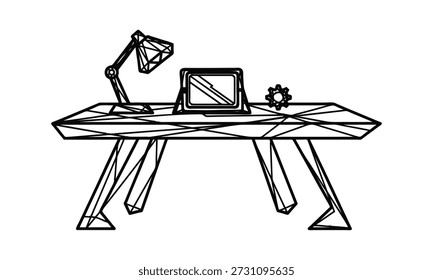 Low poly desk with laptop computer and desk lamp office workspace