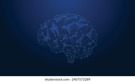 Bajo poli, cerebro digital. Inteligencia artificial, red neural, imagen de fondo azul de la tecnología. Resumen de la imagen vectorial de un cerebro humano. Polígono bajo. Líneas y puntos