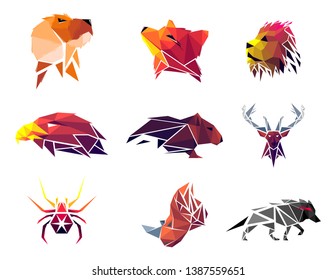 Low poly dog, fox, lion, eagle, rat, deer, spider, rhinoceros, wolf. Geometric logo