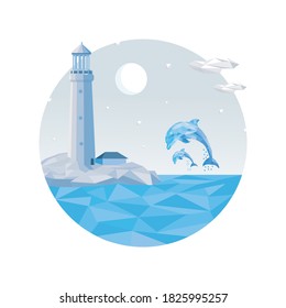 low poly dolphine and moon