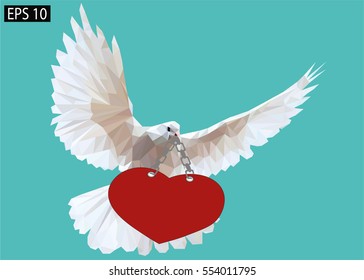 Low Poly dove style heart, the concept of Valentine's Day, vector illustrations bird on a blue background.