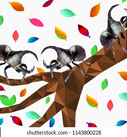 low poly Dynastinae or rhinoceros beetles on tree and falling leaf with white background,Abstract insect,geometric style,bug cartoon mocking up