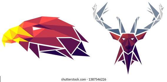 Low poly eagle and deer. Geometric logo