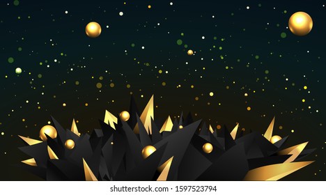 Low poly elegant triangles  background with golden metal spheres, trendy  3d figure  luxury abstraction for web and print decoration geometric concept. 