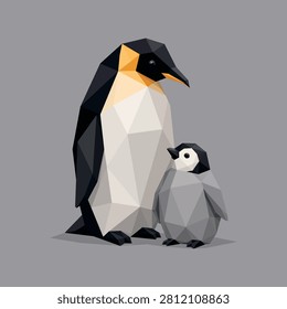 Low Poly Emperor Penguin with Chick Vector Illustration – Minimalist Geometric Antarctic Wildlife Art