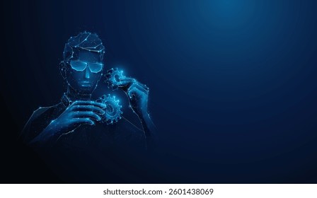 Low Poly Engineer Developer Assemble Cogwheel Gears Mechanism.Abstract geometric illustration on problem solving,innovation development,industrial engineering concept by wireframe mesh blue background
