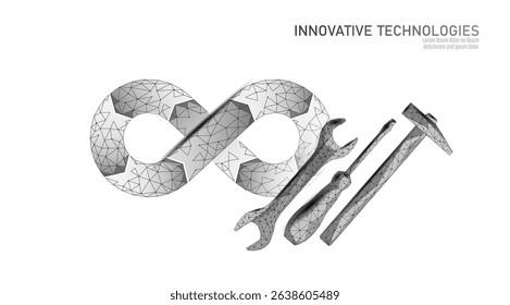 Low poly engineering instruments illustrate development maintenance technical work. Geometric style with white background abstract vector.
