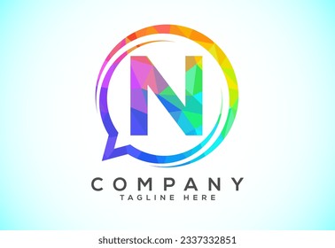 Low poly English alphabet with a bubble chat icon. Talking chatting logo concept