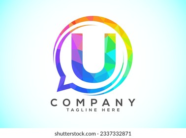 Alfabeto inglés poligonal bajo con un icono de charla de burbuja. Conversando sobre el concepto de logotipo de chat