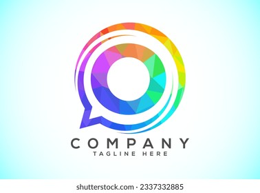 Low poly English alphabet with a bubble chat icon. Talking chatting logo concept