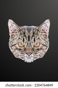 Low poly engraved art of a cat face in high details. Vector animal triangle geometric illustration. Abstract polygonal art with dark grey color background.