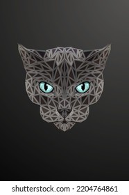 Low poly engraved art of a cat face in high details. Vector animal triangle geometric illustration. Abstract polygonal art with dark grey color background.