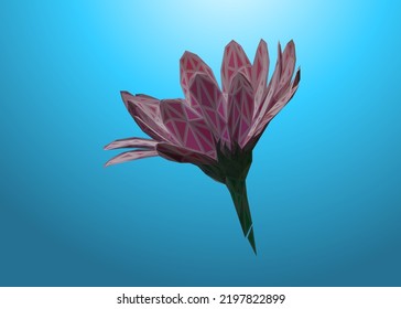 Low poly engraved art of a daisy flower in high details. Vector flower triangle geometric illustration. Abstract polygonal art. With blue color background.