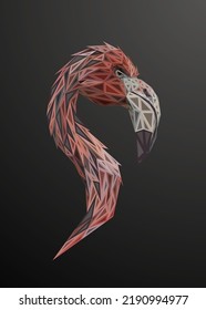 Low poly engraved art of a flamingo head in high details. Vector animal triangle geometric illustration. Abstract polygonal art. With grey color background.