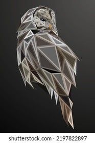 Low poly engraved art of an owl in high details. Vector animal triangle geometric illustration. Abstract polygonal art. With grey color background.