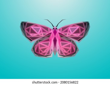 Low poly engraved art of a pink butterfly. Vector animal triangle geometric illustration. Abstract polygonal art with cyan background.