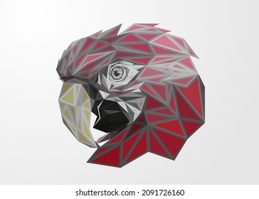 Low poly engraved art of a red macaw portrait in high details. Vector animal triangle geometric illustration. Abstract polygonal art with white color background.