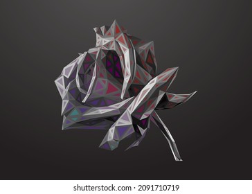 El arte de una rosa con un bajo polo grabado en alto detalle con un efecto de color rojo-azul. Ilustración geométrica del triángulo de flor vectorial. Arte poligonal abstracto. Con fondo de color gris oscuro.