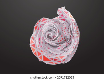 Low poly engraved art of a rose in high details with red color effect. Vector flower triangle geometric illustration. Abstract polygonal art. With dark grey color background.