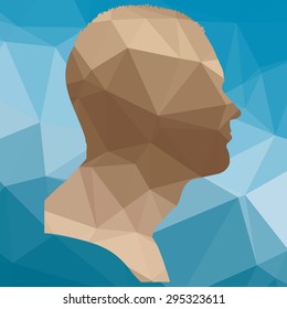 Low poly face silhouette man on blue background.