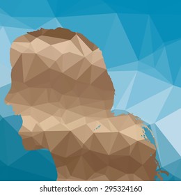 Low poly face silhouette on blue background.