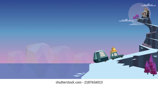 Low poly fantasy winter landscape with caravan car moving on the snow covered road towards the spooky mansion on the cliff, copy space, vector illustration