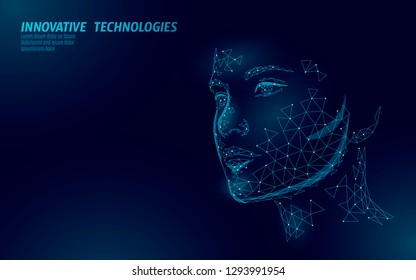 Low poly female human face biometric identification. Recognition system concept. Personal data secure access scanning innovation technology. 3D polygonal rendering vector illustration