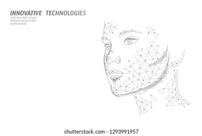 Low poly female human face biometric identification. Recognition system concept. Personal data secure access scanning innovation technology. 3D polygonal rendering vector illustration