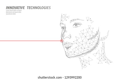 Low poly female human face laser skin treatment. Rejuvenation procedure beauty salon care. Clinic medicine cosmetology innovation technology. 3D polygonal rendering vector illustration