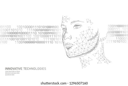 Low poly female human face biometric identification. Recognition system concept. Personal data secure access scanning innovation technology. 3D polygonal rendering vector illustration