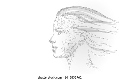 Low poly female human face laser skin treatment. Rejuvenation procedure beauty salon care. Clinic medicine cosmetology innovation technology. 3D polygonal rendering vector illustration