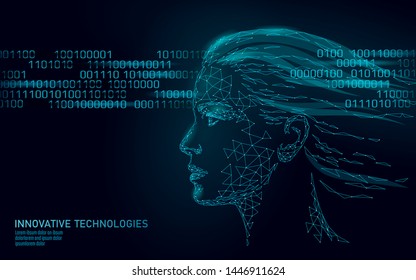 Low poly female human face biometric identification. Recognition system concept. Personal data secure access scanning innovation technology. 3D polygonal rendering vector illustration