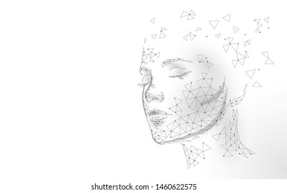 Low poly female human face laser skin treatment. Rejuvenation procedure beauty salon care. Clinic medicine cosmetology innovation technology. 3D polygonal rendering vector illustration