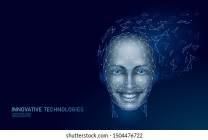 Low poly female human face biometric identification. Recognition system concept. Personal data secure access scanning innovation technology. 3D polygonal rendering vector illustration