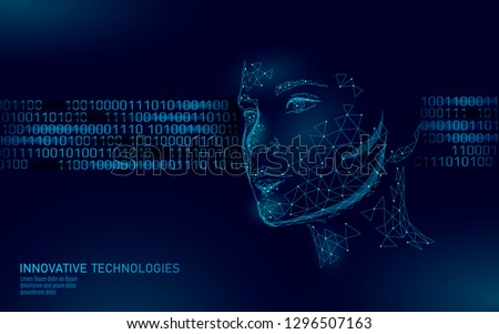 Low poly female human face biometric identification. Recognition system concept. Personal data secure access scanning innovation technology. 3D polygonal rendering vector illustration