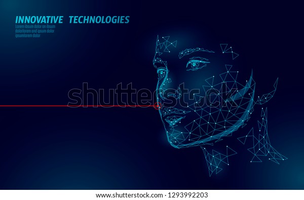 Low poly female human face laser skin\
treatment. Rejuvenation procedure beauty salon care. Clinic\
medicine cosmetology innovation technology. 3D polygonal rendering\
vector illustration