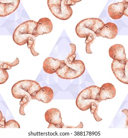 Low poly fetus isolated on triangular background. Polygonal baby. 