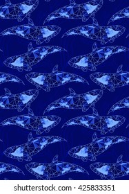 Low poly fish on kelp with white.Seamless pattern. Triangular underwater design. Bright blue pattern. 