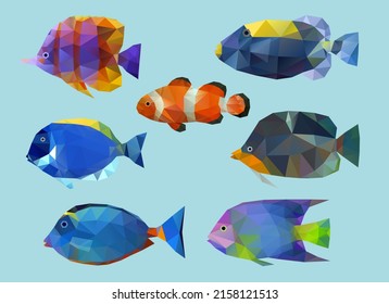 Low poly fish set. Polygonal tropical fish. Triangle vector illustration set