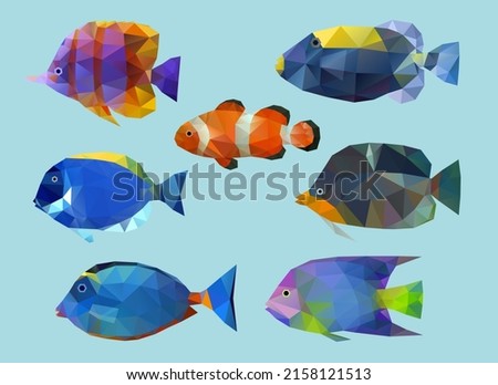 Low poly fish set. Polygonal tropical fish. Triangle vector illustration set