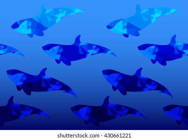 Low poly fish.Horizontal seamless pattern. Triangular underwater design. Bright blue pattern.Gradient pattern. The pattern is tiling only in horizontally.