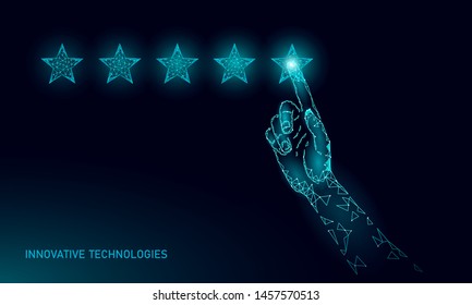 Low poly five 5 stars rating product concept. Positive feedback client quality satisfaction good choice. Polygonal top service happy user experience vector illustration.