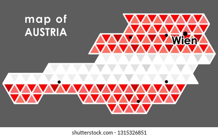 Low poly flag in Map of Austria. Polygon style. Wien on map Austria