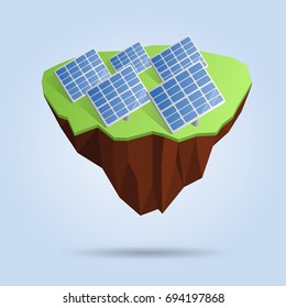 Low poly floating island with solar panels isolated on the background. Polygonal 3d design or infographic element with shadow. Vector concept illustration. Eps10.